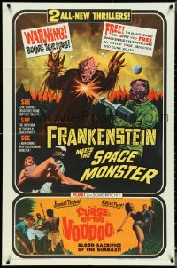 4t1066 FRANKENSTEIN MEETS THE SPACE MONSTER/CURSE OF VOODOO 1sh 1965 cool art of alien monsters!