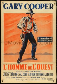 4t0164 MAN OF THE WEST French 32x47 1958 different full-length art of Gary Cooper with guns, rare!