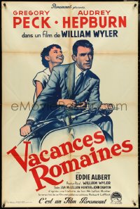 4t0165 ROMAN HOLIDAY French 32x47 R1960s art of Audrey Hepburn & Gregory Peck riding on Vespa, rare!