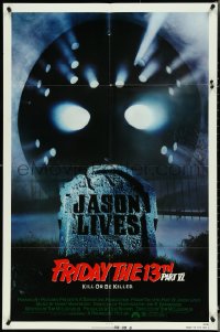 4t1070 FRIDAY THE 13th PART VI 1sh 1986 Jason Lives, cool image of hockey mask over tombstone!