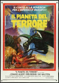 4t0136 GALAXY OF TERROR Italian 1p 1982 great sexy Charo fantasy artwork of monsters attacking girl!