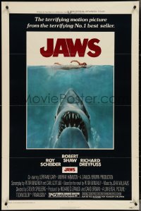 4t1129 JAWS 1sh 1975 art of Spielberg's classic man-eating shark attacking naked swimmer!