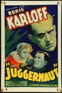 4t1135 JUGGERNAUT 1sh 1937 cool art of Boris Karloff, horror man of the screen without makeup!