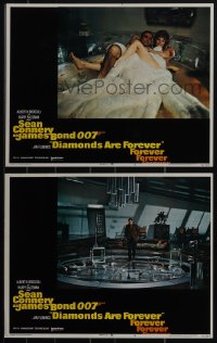 4t0922 DIAMONDS ARE FOREVER 2 LCs 1971 Connery as Bond 007 under blanket w/Jill St. John, over model!