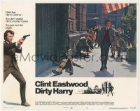 4t0630 DIRTY HARRY int'l LC #8 1971 Clint Eastwood walking on street w/pistol & shotgun, Don Siegel!