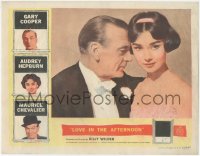 4t0695 LOVE IN THE AFTERNOON LC 1957 romantic c/u of Gary Cooper in tuxedo w/ pretty Audrey Hepburn!