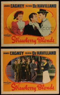 4t0944 STRAWBERRY BLONDE 2 LCs 1941 Rita Hayworth w/ De Havilland & Cagney + w/ him & crowd of men!