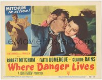 4t0803 WHERE DANGER LIVES LC #6 1950 best close up of Robert Mitchum & sexy Faith Domergue!