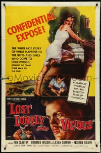 4t1158 LOST, LONELY & VICIOUS 1sh 1958 art of sexy barely-dressed bad girl leaning on bed!