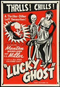 4t1163 LUCKY GHOST 1sh R1948 Toddy, wacky art of Mantan Moreland with skeleton & screaming girl!