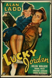 4t1164 LUCKY JORDAN 1sh 1943 art of gambler Alan Ladd carrying sexy WAC Helen Walker, ultra rare!