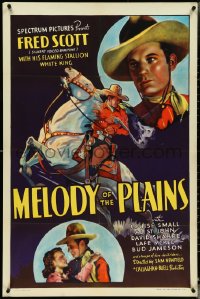 4t1180 MELODY OF THE PLAINS 1sh 1937 art of cowboy Fred Scott on horse & in two insets, ultra rare!