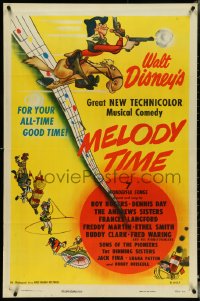 4t1181 MELODY TIME 1sh 1948 Walt Disney, cool cartoon art of Pecos Bill, Little Toot & more!