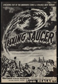 4t0348 FLYING SAUCER pressbook R1953 cool sci-fi artwork of UFOs from space & terrified people!