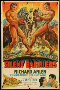 4t1288 SILENT BARRIERS style B 1sh 1937 Fred Kulz art of two beefcake giants tearing apart mountain!