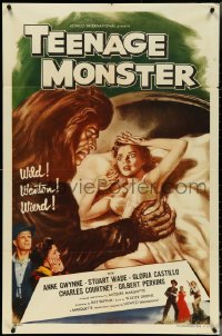 4t1320 TEENAGE MONSTER 1sh 1957 great art of wacky beast attacking sexy Anne Gwynne in bed!