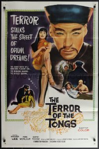 4t1325 TERROR OF THE TONGS 1sh 1961 cool art of Asian villain Chris Lee, drug-crazed assassins!