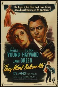 4t1328 THEY WON'T BELIEVE ME 1sh 1947 Susan Hayward, Robert Young w/gun, Greer, film noir!