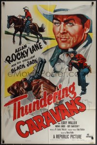 4t1330 THUNDERING CARAVANS 1sh 1952 great artwork of cowboy Rocky Lane w/smoking gun & Black Jack!