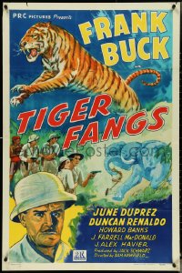 4t1331 TIGER FANGS 1sh 1943 Frank Buck, great art of leaping big cat & elephant, WWII, rare!