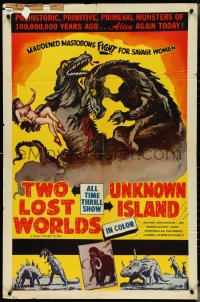 4t1344 TWO LOST WORLDS/UNKNOWN ISLAND 1sh 1950s cool art of dinosaurs fighting over sexy woman, rare!