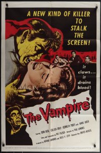 4t1351 VAMPIRE 1sh 1957 John Beal, it claws, it drains blood, cool art of monster & victim!