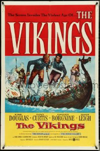 4t1356 VIKINGS 1sh 1958 art of Kirk Douglas, Tony Curtis & sexy Janet Leigh on long ship!