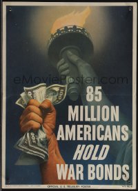 4t0279 85 MILLION AMERICANS HOLD WAR BONDS 10x14 WWII war poster 1945 raised fist w/money & Liberty!