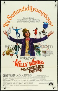 4t1366 WILLY WONKA & THE CHOCOLATE FACTORY 1sh 1971 Gene Wilder, it's scrumdidilyumptious!