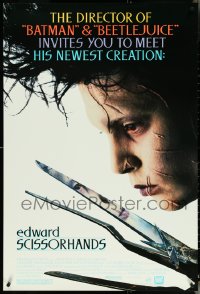 4w0798 EDWARD SCISSORHANDS 1sh 1990 Tim Burton classic, best close up of scarred Johnny Depp!