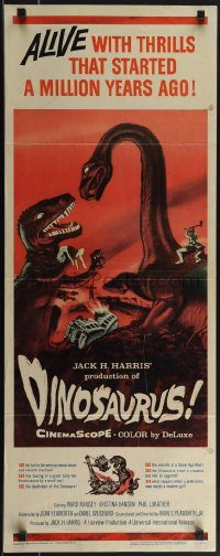 4w0165 DINOSAURUS insert 1960 great artwork of battling prehistoric T-rex & brontosaurus monsters!