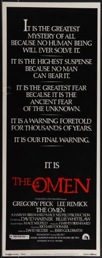 4w0198 OMEN style E insert 1976 Gregory Peck, Lee Remick, Satanic horror, it's frightening!