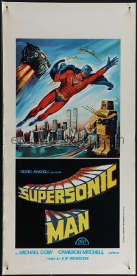 4w0135 SUPERSONIC MAN Italian locandina 1979 wacky Tino Avelli superhero art with giant robot in NYC!