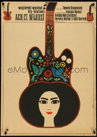 4w0699 EZEK A FIATALOK Polish 23x32 1968 Tamas Banovich, Hibner art of woman in guitar!