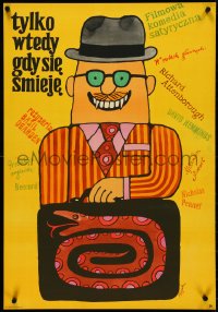4w0710 ONLY WHEN I LARF Polish 22x32 1973 wacky Jerzy Flisak art of man with snake suitcase!