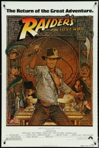 4w0939 RAIDERS OF THE LOST ARK 1sh R1982 great Richard Amsel art of adventurer Harrison Ford!