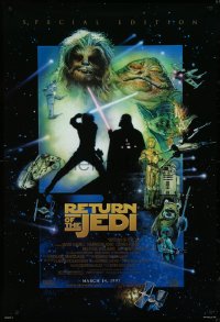4w0949 RETURN OF THE JEDI style E advance 1sh R1997 George Lucas classic, cool montage art by Drew Struzan!