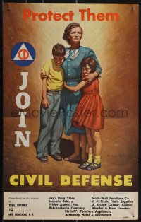4w0318 PROTECT THEM JOIN CIVIL DEFENSE 14x22 special poster 1951 Stevenson art of woman clutching children!