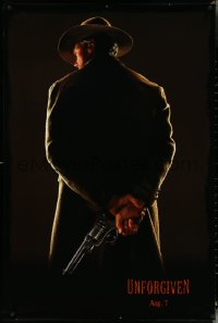 4w1026 UNFORGIVEN teaser DS 1sh 1992 image of gunslinger Clint Eastwood w/back turned, dated design!