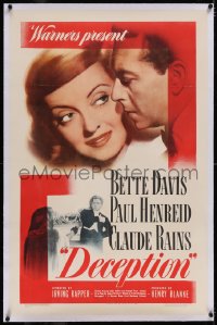 4x0209 DECEPTION linen 1sh 1946 great headshot art of Bette Davis, Paul Henreid, Claude Rains