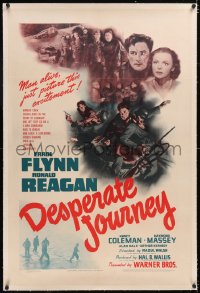 4x0217 DESPERATE JOURNEY linen 1sh 1942 Errol Flynn & Ronald Reagan crash-land during World War II!