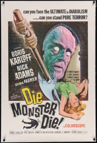 4x0224 DIE, MONSTER, DIE linen 1sh 1965 AIP, cool art of Boris Karloff, the ultimate in diabolism!