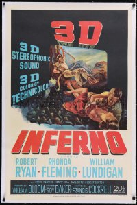 4x0379 INFERNO linen 3D 1sh 1953 cool image of Robert Ryan & Rhonda Fleming jumping over audience!