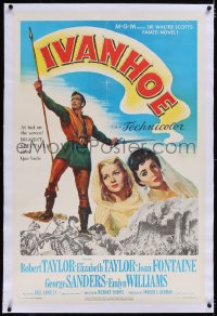 4x0390 IVANHOE linen 1sh 1952 art of pretty medieval Elizabeth Taylor, Robert Taylor & Joan Fontaine!