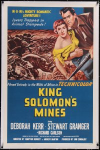 4x0417 KING SOLOMON'S MINES linen 1sh R1962 art of Deborah Kerr & Granger, stampeding African animals!