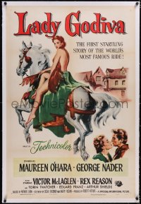 4x0430 LADY GODIVA linen 1sh 1955 great artwork of super sexy naked Maureen O'Hara on horseback!