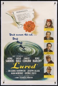 4x0467 LURED linen 1sh 1947 artist seeks beautiful model, Lucille Ball, Boris Karloff, murder!