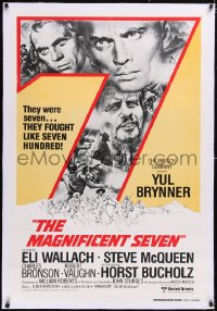 4x0477 MAGNIFICENT SEVEN linen int'l 1sh R1980 Yul Brynner, Steve McQueen, John Sturges' 7 Samurai!