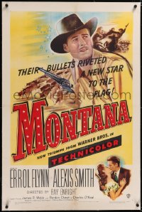 4x0517 MONTANA linen 1sh 1950 artwork of Australian Errol Flynn pointing gun + kissing Alexis Smith!