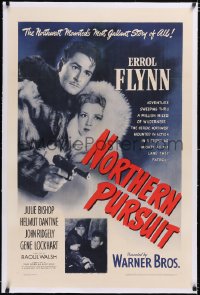 4x0551 NORTHERN PURSUIT linen 1sh 1943 Mountie Errol Flynn pretends to help Nazis & betray Canada!